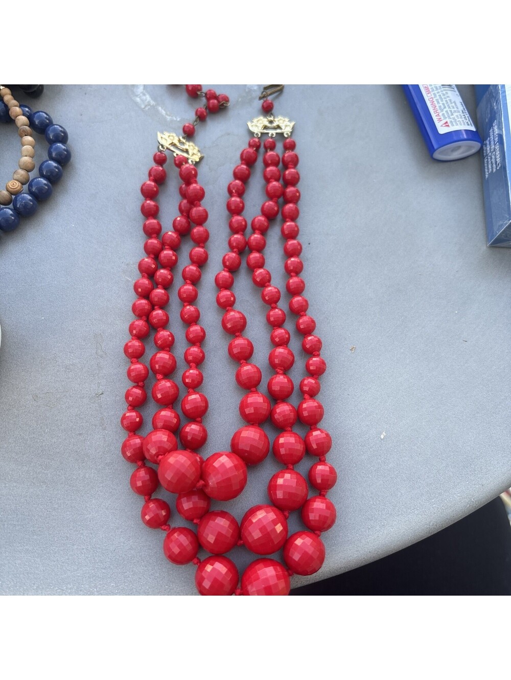 Vtg Germany Necklace Red Plastic Faceted Beaded Multi  Strand 17-19”